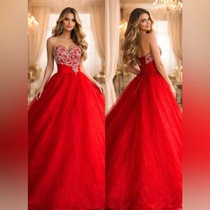 $650 STUNNING MAC DUGGAL BEADED SEQUIN CRYSTAL SWEETHEART RED BALLGOWN